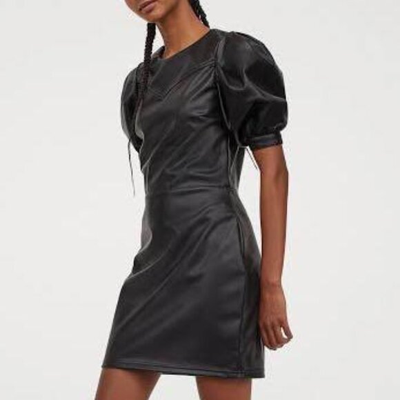 BNWT H&M Divided Black Faux Leather Puff Sleeve Mini Dress XS - Picture 1 of 15